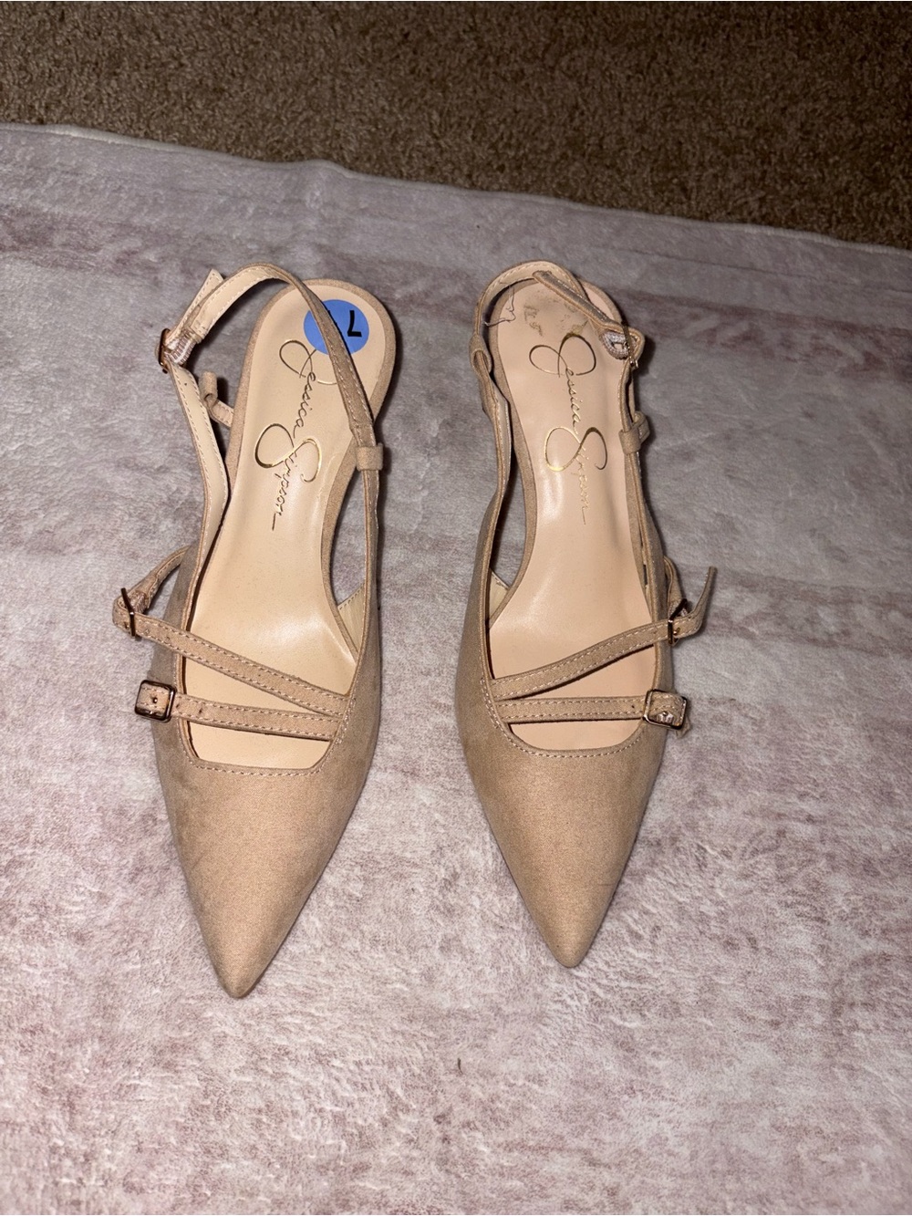 Jessica Simpson Beige Pointed-Toe Slingback Flats with Double Straps
